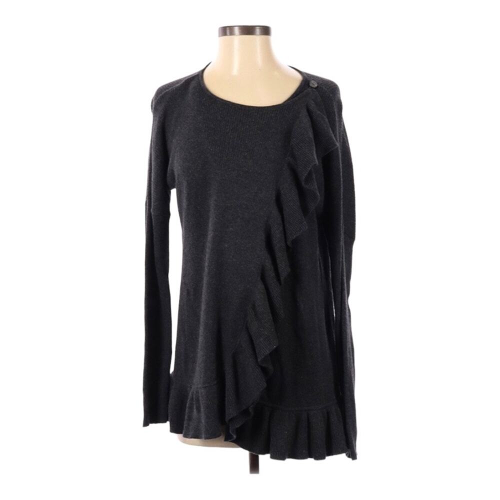 Project Sweater Dark Grey Ruffle Front Button Cardigan Long Sleeve Knit Women XS